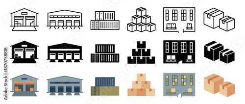 Set of warehouse and logistics icons in line, glyph, and flat color styles showing buildings, shipping containers, and cardboard boxes