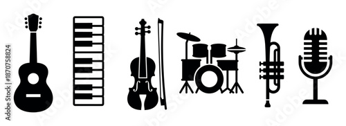 Set of black musical instrument icons with a guitar, piano, violin, drum kit, trumpet, and microphone in a simple graphic collection