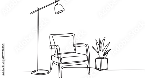 Cozy Armchair with Floor Lamp and Plant Minimal Interior Line Drawing