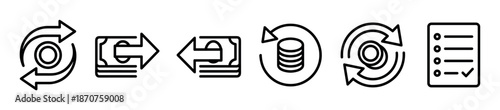 Set of black linear finance icons for cashback, refund, payment, and recurring transactions in a minimalist outline style
