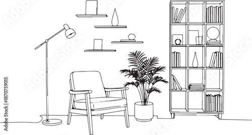 Minimal Living Room Interior Line Art with Sofa Lamp Shelf and Plant