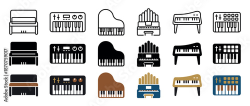 Collection of keyboard musical instrument icons in various styles including line art, solid silhouette, and color, featuring piano, organ, and synthesizer designs