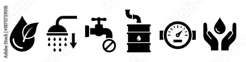 Set of black water conservation glyph icons representing ecology, saving resources, consumption, and plumbing, a simple vector collection