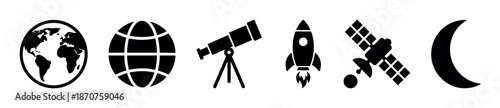 Set of black space exploration icons including Earth, a globe, telescope, rocket, satellite, and moon in a minimalist flat style