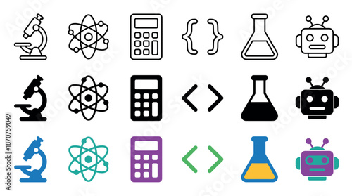 Set of science and technology vector icons including microscope, atom, calculator, code, flask, and robot in line, solid, and color styles