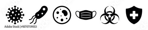 Set of black medical and science icons including virus, bacteria, cell, face mask, biohazard symbol, and protection shield, presented as a flat vector illustration