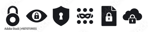 Set of black cybersecurity and privacy icons including a padlock, shield, surveillance eye, incognito mask, and secure cloud, presented in a minimalist flat vector style on