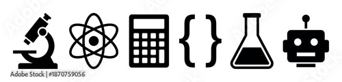 Set of six black STEM icons including a microscope, atom, calculator, code, flask, and robot, representing science, technology, engineering, and math