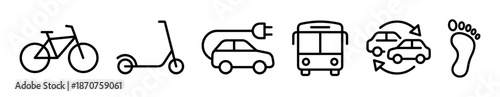 Set of black line icons representing sustainable urban transportation including a bicycle, scooter, electric car, bus, car sharing, and walking