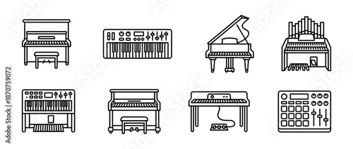 Set of keyboard musical instrument line icons including upright and grand piano, synthesizer, and organ, a simple black outline vector illustration