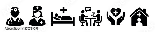 Set of black medical and healthcare icons showing a doctor, nurse, patient in bed, consultation, care symbol, and hospital