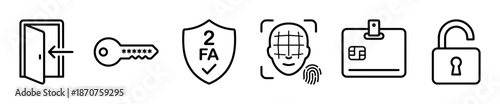 Set of black linear security icons for authentication, including login, password, 2FA, biometrics, ID card, and unlocked padlock