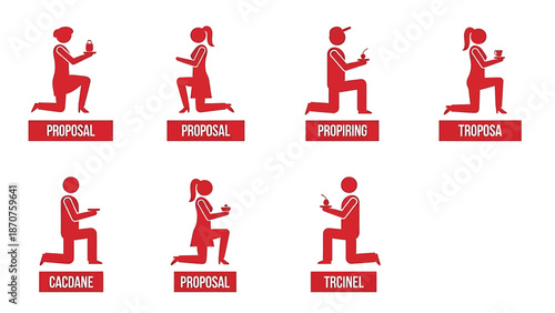 Man proposing to woman on one knee in various scenarios.