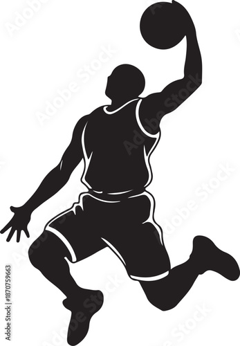 Silhouette of basketball player jumping to dunk ball