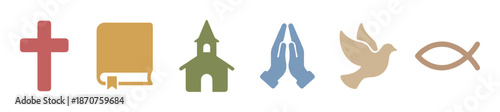 Set of colorful Christian religious symbols including a cross, bible, church, praying hands, dove, and fish icon set in a flat minimalist style