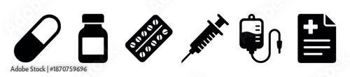Set of black medical and healthcare icons including a capsule, bottle, blister pack, syringe, IV drip, and prescription document, presented as simple flat glyphs
