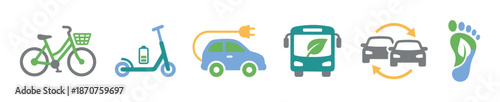 Set of colorful sustainable transportation icons including a bicycle, electric scooter, car, bus, carpooling, and a green footprint symbol