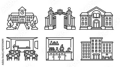 Set of six black line art icons representing educational institutions like schools, universities, and colleges, including classroom and laboratory interiors