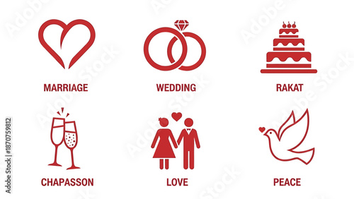 Set of red icons representing wedding and love symbols.