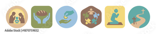 Set of six Christian faith icons representing prayer, charity, community, fellowship, and salvation, designed in a minimalist flat style with a muted color palette