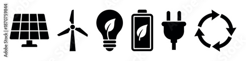Set of black renewable green energy icons including a solar panel, wind turbine, eco lightbulb, battery, plug, and recycle symbol in a simple flat vector style