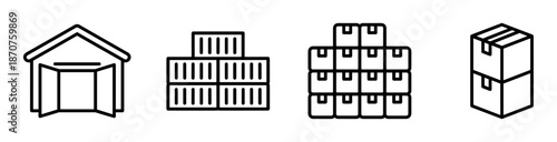 Set of four warehouse and logistics icons in a minimalist black line art style showing a storage building, shipping containers, and stacked boxes