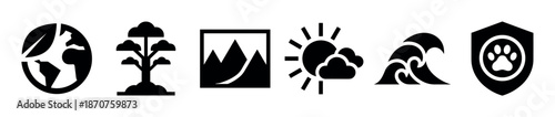 Set of black nature and environment icons including a globe, tree, landscape, weather, wave, and animal protection symbol, presented in a minimalist flat style