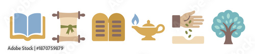 Set of religious biblical flat vector icons including a book, scroll, stone tablets, oil lamp, sowing seeds, and a tree, representing faith and spirituality