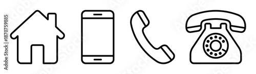 Black line art contact information icons including a house, smartphone, handset, and rotary telephone in a simple minimalist style