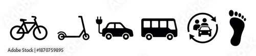 Set of black sustainable transport icons including a bicycle, scooter, electric car, bus, carpooling, and walking footprint, representing eco-friendly mobility
