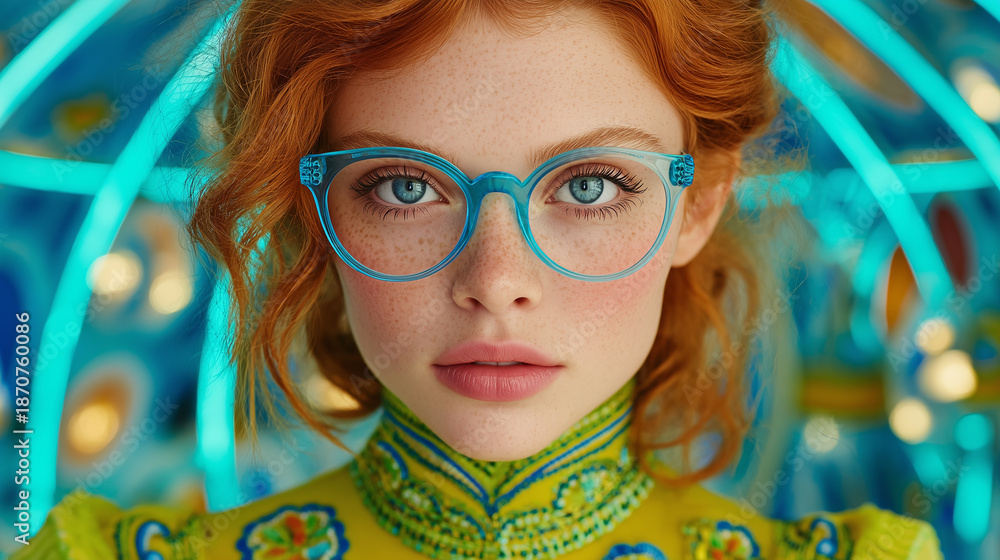 custom made wallpaper toronto digitalPortrait of red-haired girl wearing glasses against neon background with futuristic lighting and expressive gaze
