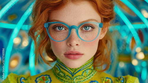 Wallpaper Mural Portrait of red-haired girl wearing glasses against neon background with futuristic lighting and expressive gaze
 Torontodigital.ca