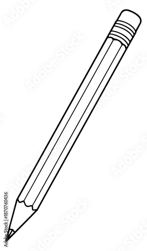 Hand drawn line art illustration of a pencil depicting a sharp tip and an eraser for school supplies