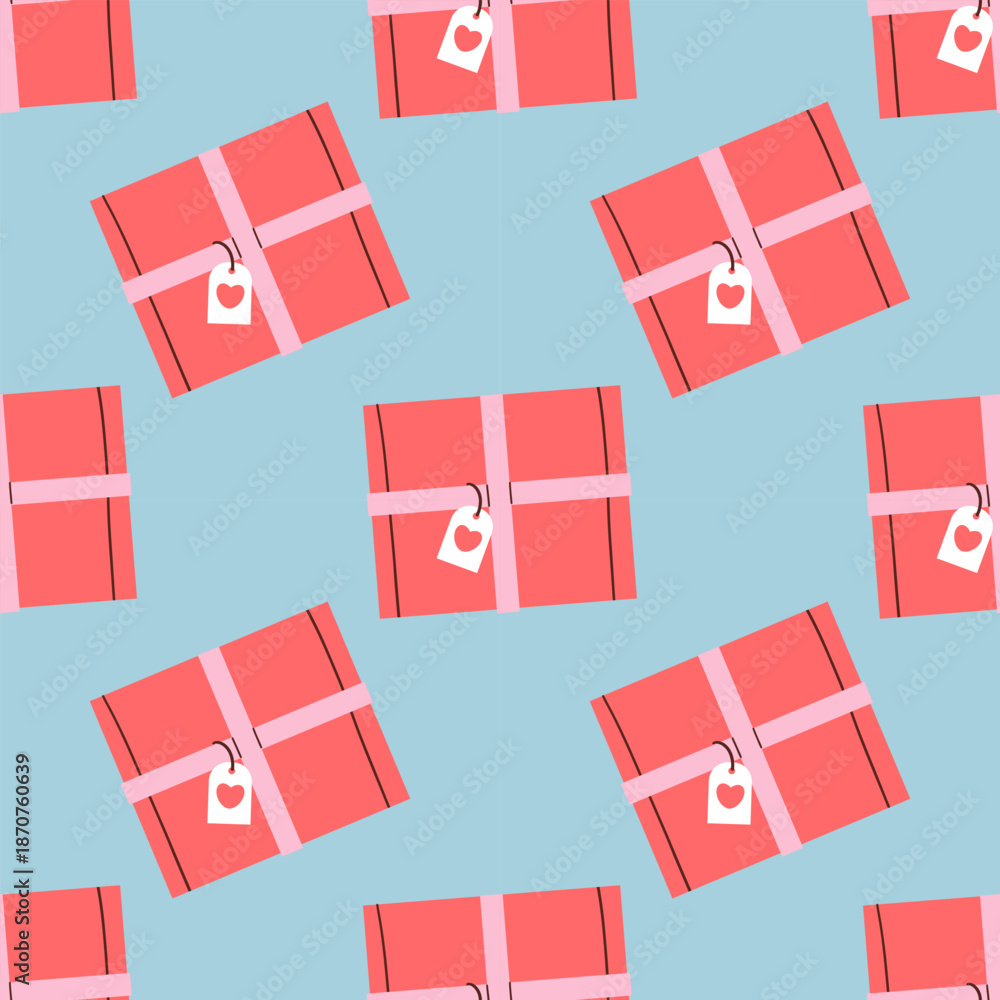 Obraz premium Gift box and heart Seamless pattern. Minimalistic Vector Pastel background. Valentines day and love , hand drawn illustration isolate on blue background .