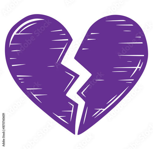 Broken purple heart symbol with white scratches on white background