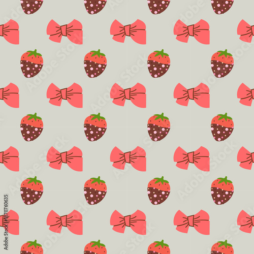 Preppy flirty strawberry with bow seamless pattern on a gray background. Vector cute cartoon hand drawn illustration. Tartan check for textile, baby clothes, wallpaper, scrubbing