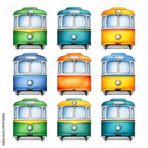 Colorful train icons arranged in a grid, perfect for transport related themes.