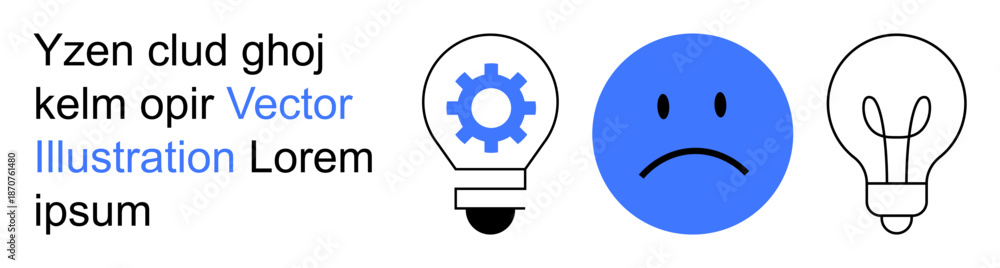 Fototapeta premium Emotional states, idea generation, problem-solving, innovation, creativity, decision-making. A sad face with light bulbs and a gear icon. Emotional states and idea generation visualization