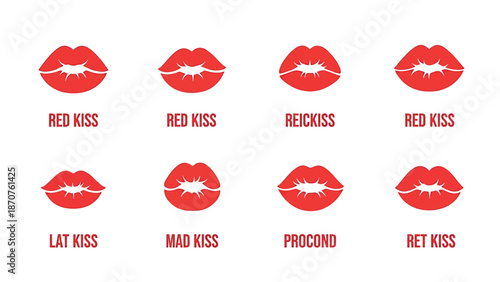 Collection of red lips kiss marks with different labels on white background.