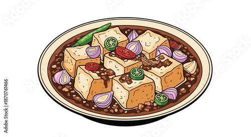 Savory Tofu Dish with Onions and Chili in Sauce - Asian Cuisine Illustration