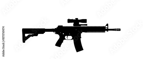 Assault Rifle Silhouette: A stark black and white silhouette of an assault rifle, emphasizing its form and design, set against a blank backdrop.