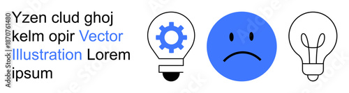 Emotional states, idea generation, problem-solving, innovation, creativity, decision-making. A sad face with light bulbs and a gear icon. Emotional states and idea generation visualization