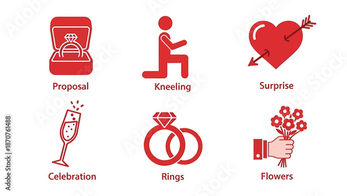 Six icons representing a romantic marriage proposal and celebration.
