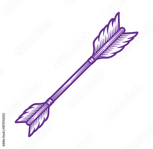 Purple arrow with double fletching and line art design on transparent background