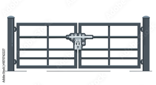 Closed metal gate with security latch and posts isolated on white background vector illustration