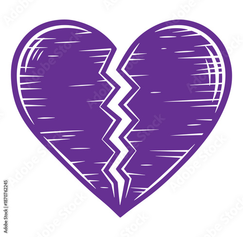Purple broken heart symbol with white lines on white background