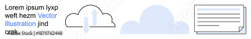 Cloud computing, data management, storage solutions, file sharing, digital services, online backup. Icon set with a cloud, download arrow and document page. Cloud computing and data management