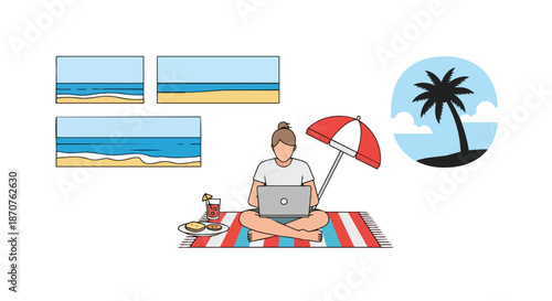 Woman working remotely on laptop at tropical beach, digital nomad lifestyle