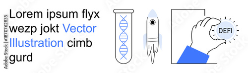 Technology, science, innovation, decentralization, research, progress. DNA test tube, rocket and DEFI coin illustration. Biotechnology and space exploration progress and innovation