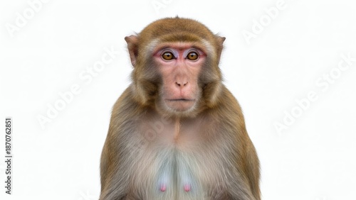 Rhesus Macaque Stares Intently on Clean White Backdrop.